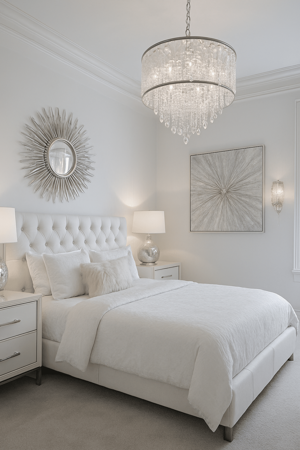 A modern glam bedroom featuring a white bed, metallic accents, a chandelier, and stylish decor.