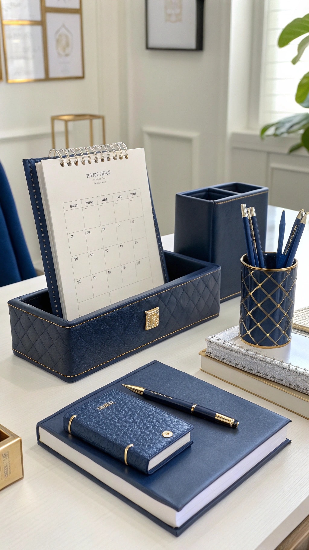 A stylish navy blue office setup with a calendar, storage box, pen holder, notebooks, and pens on a desk.