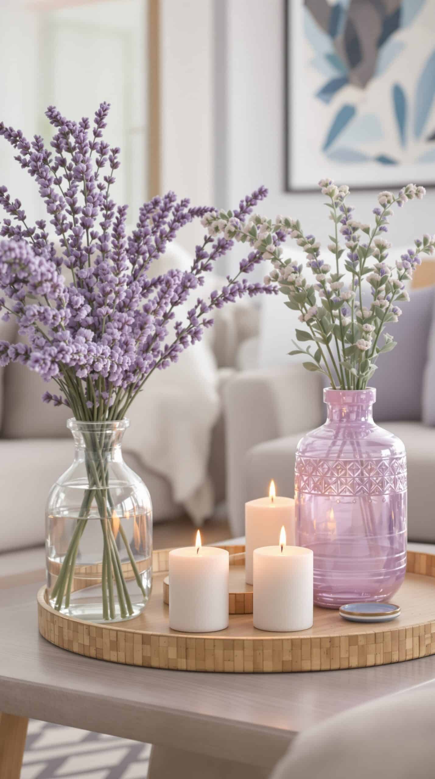A stylish living room coffee table with lavender flowers, candles, and decorative balls.