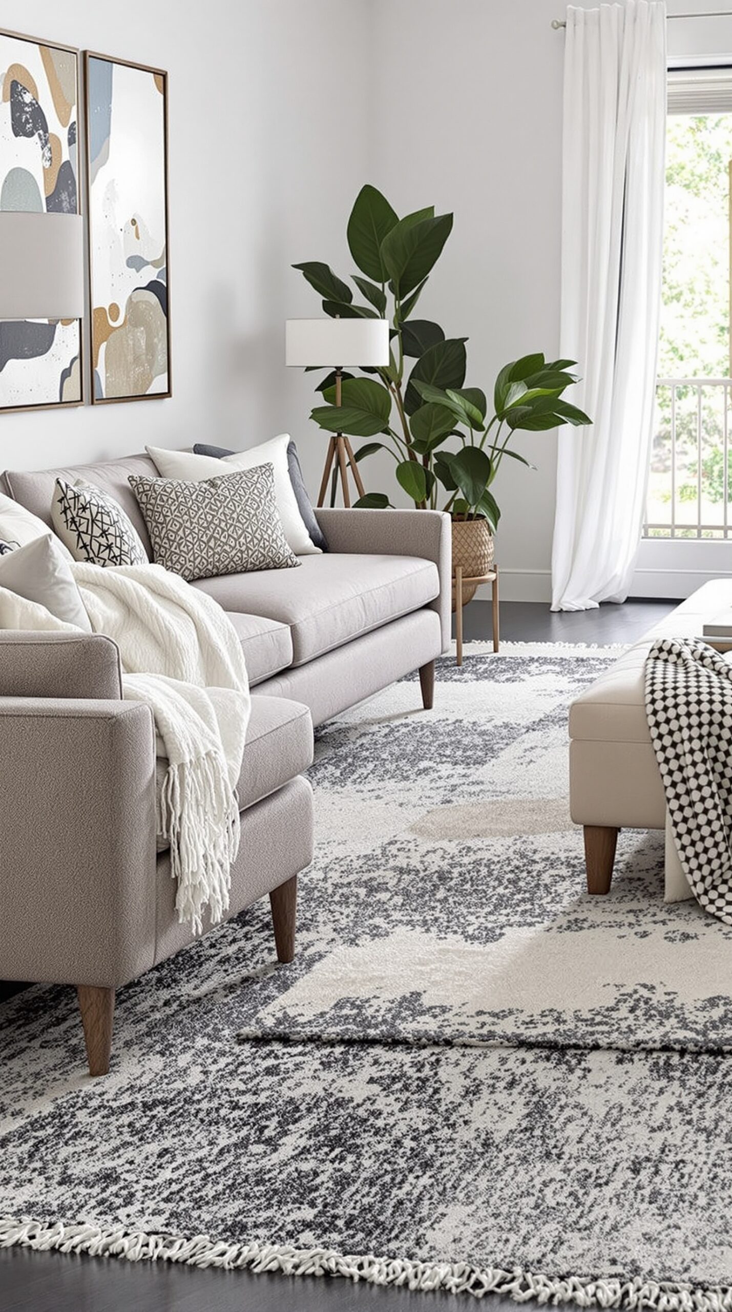 A cozy living room with a layered rug, featuring a vintage-style rug over a black floor, complemented by a charcoal gray wall and warm-toned furniture.