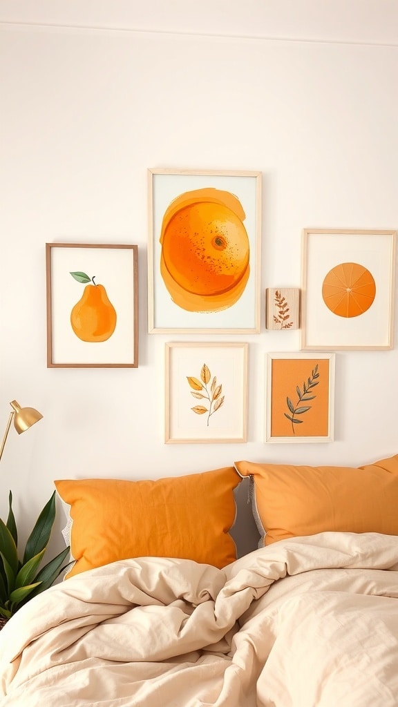 A cozy bedroom featuring artistic orange wall art and soft orange pillows.