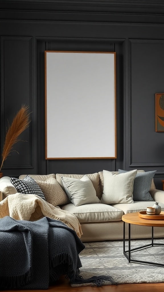 A cozy living room featuring a neutral sofa with layered pillows, a throw blanket, and a round coffee table against charcoal gray walls.