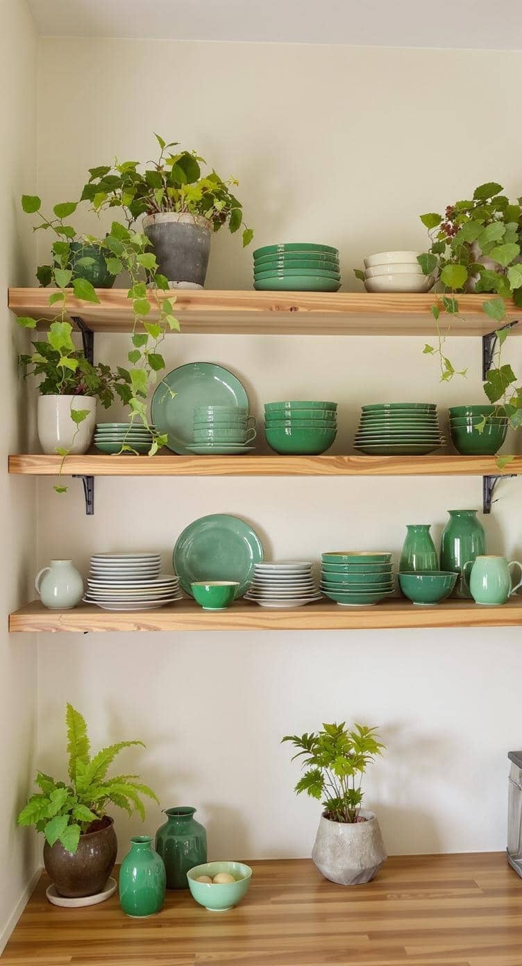 Open shelving in a kitchen displaying emerald green plates and pots with plants.