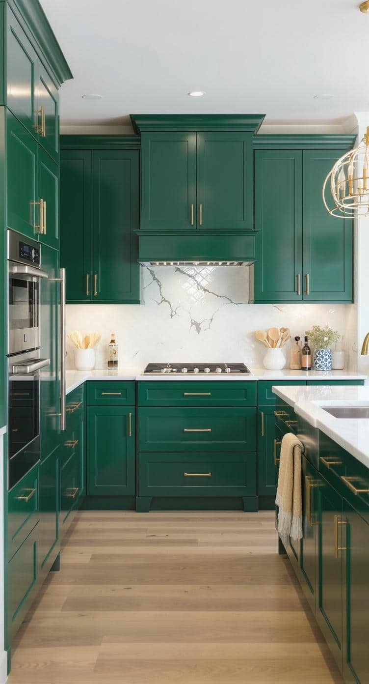 Stylish kitchen featuring bold emerald green cabinets with gold hardware and light countertops.
