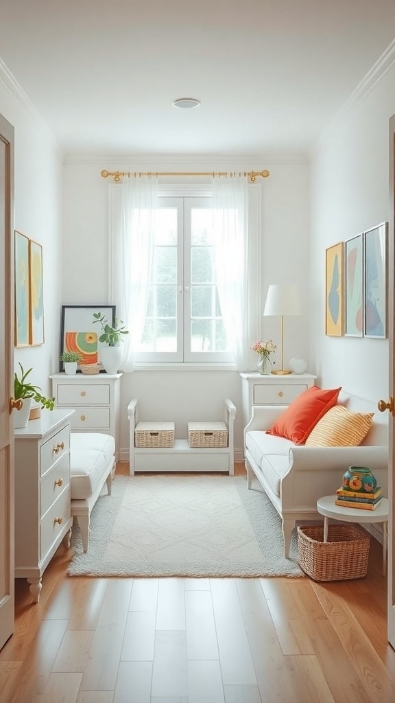 A bright and cozy bedroom featuring white furniture with colorful accents, including orange cushions and vibrant artwork.