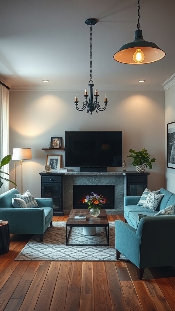 A cozy living room featuring dusty blue sofas and stylish lighting fixtures.