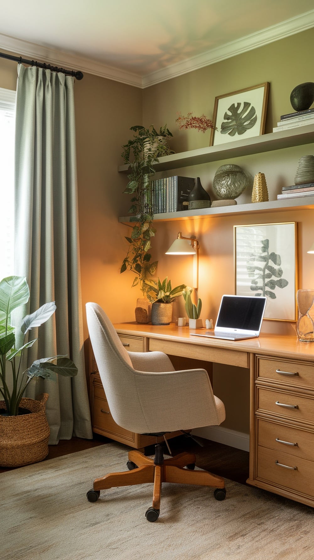 A warm home office featuring Accessible Beige walls, honey oak furniture, and sage green accents.