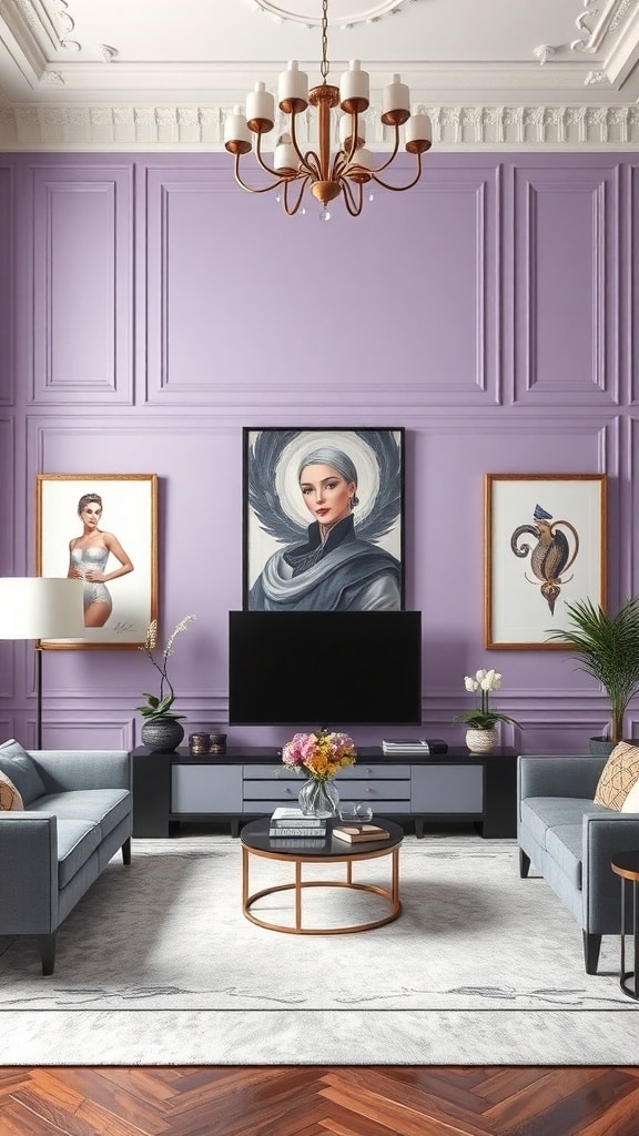 A stylish living room featuring lavender accent walls, modern furniture, and elegant artwork.
