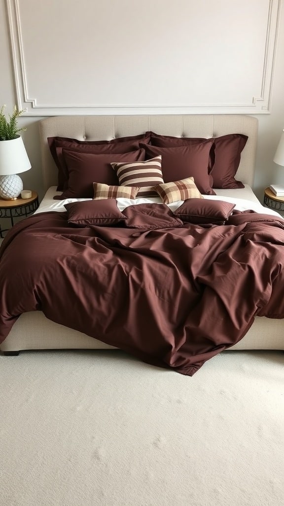 A beautifully styled bed with rich chocolate bedding and decorative pillows.