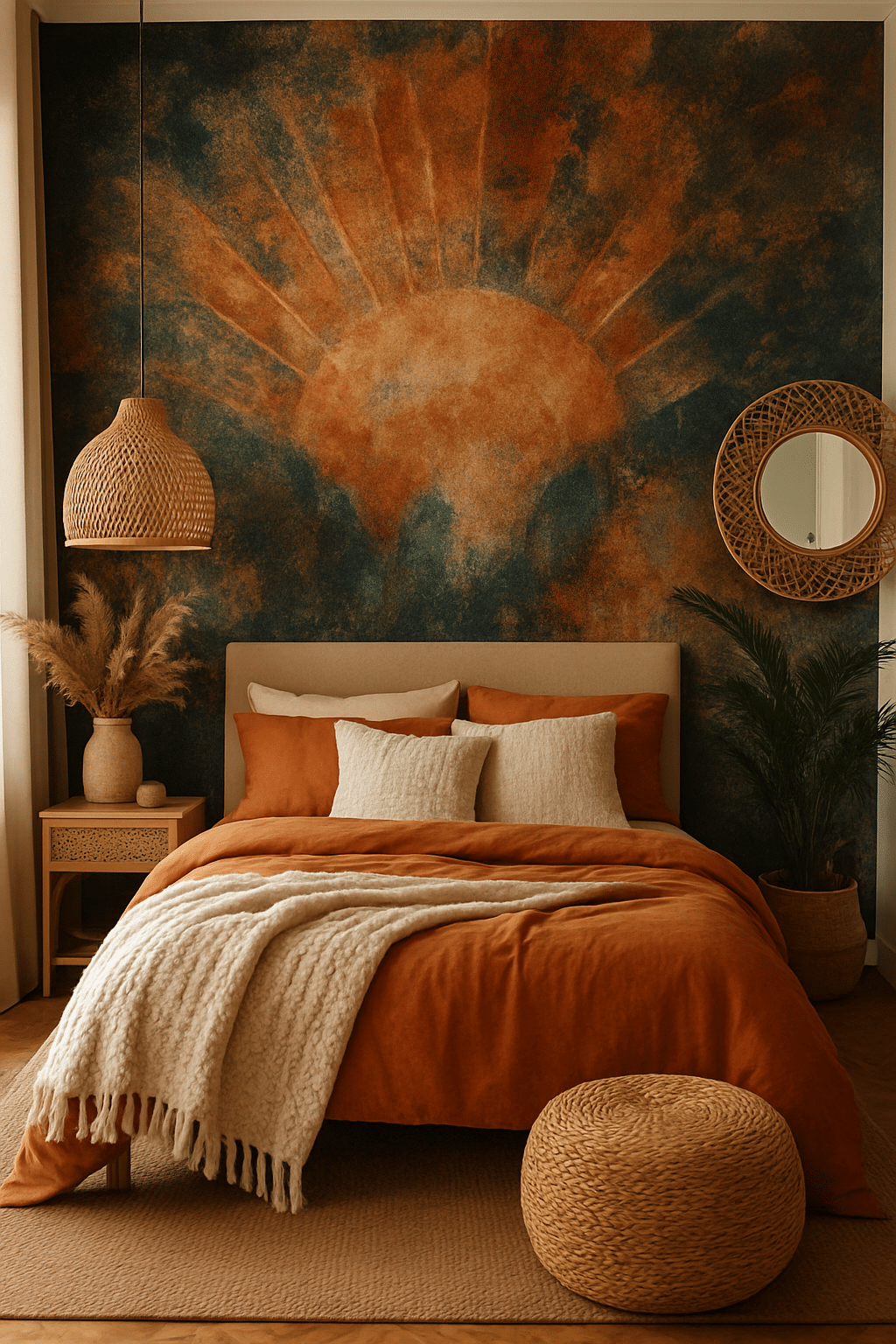 A boho bedroom featuring a dramatic sunburst accent wall in warm orange and blue tones, with cozy bedding and natural decor.
