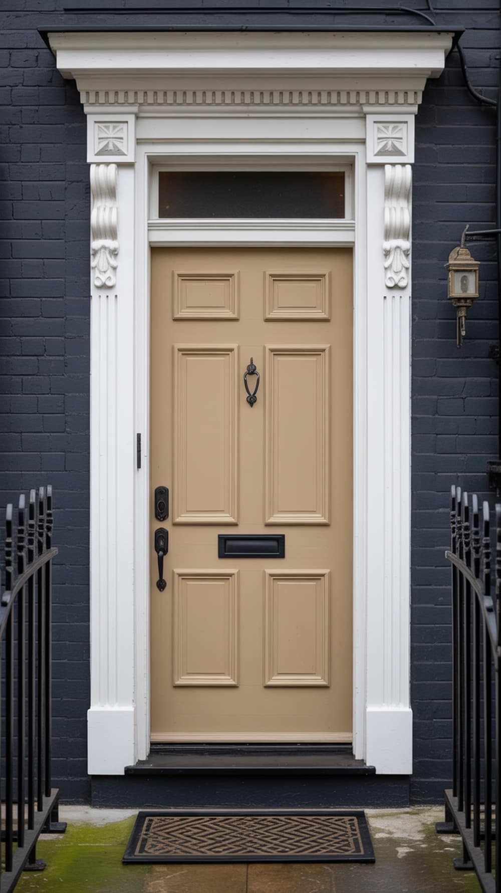 A cream front door with black hardware accents and white trim against a dark wall.