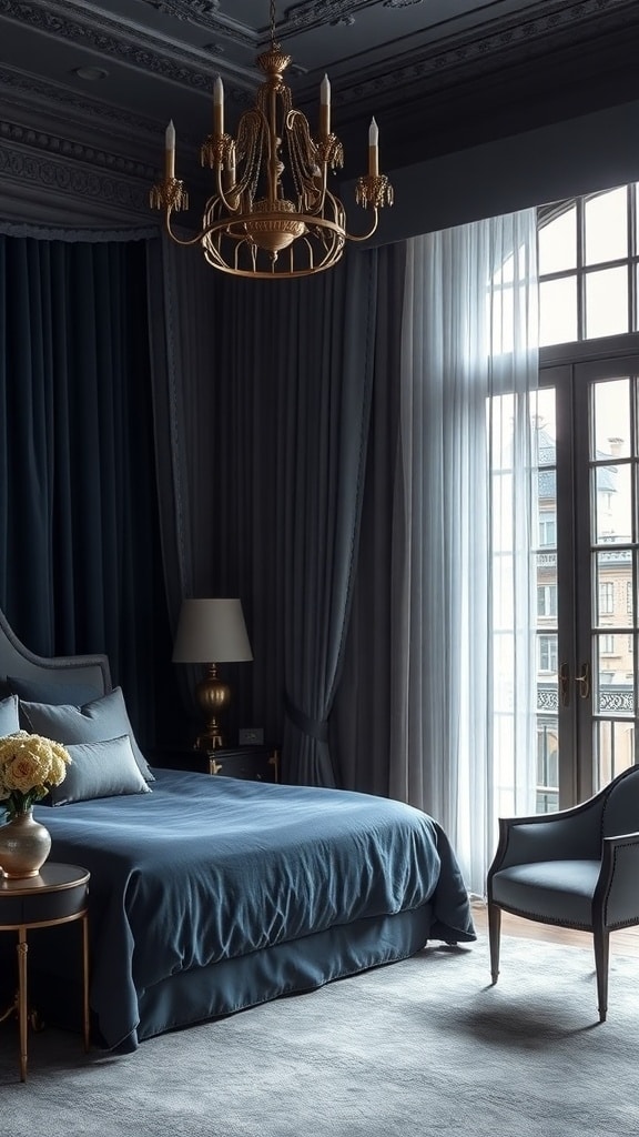A luxurious bedroom featuring indigo layers in bedding and curtains, with gold accents and large windows.