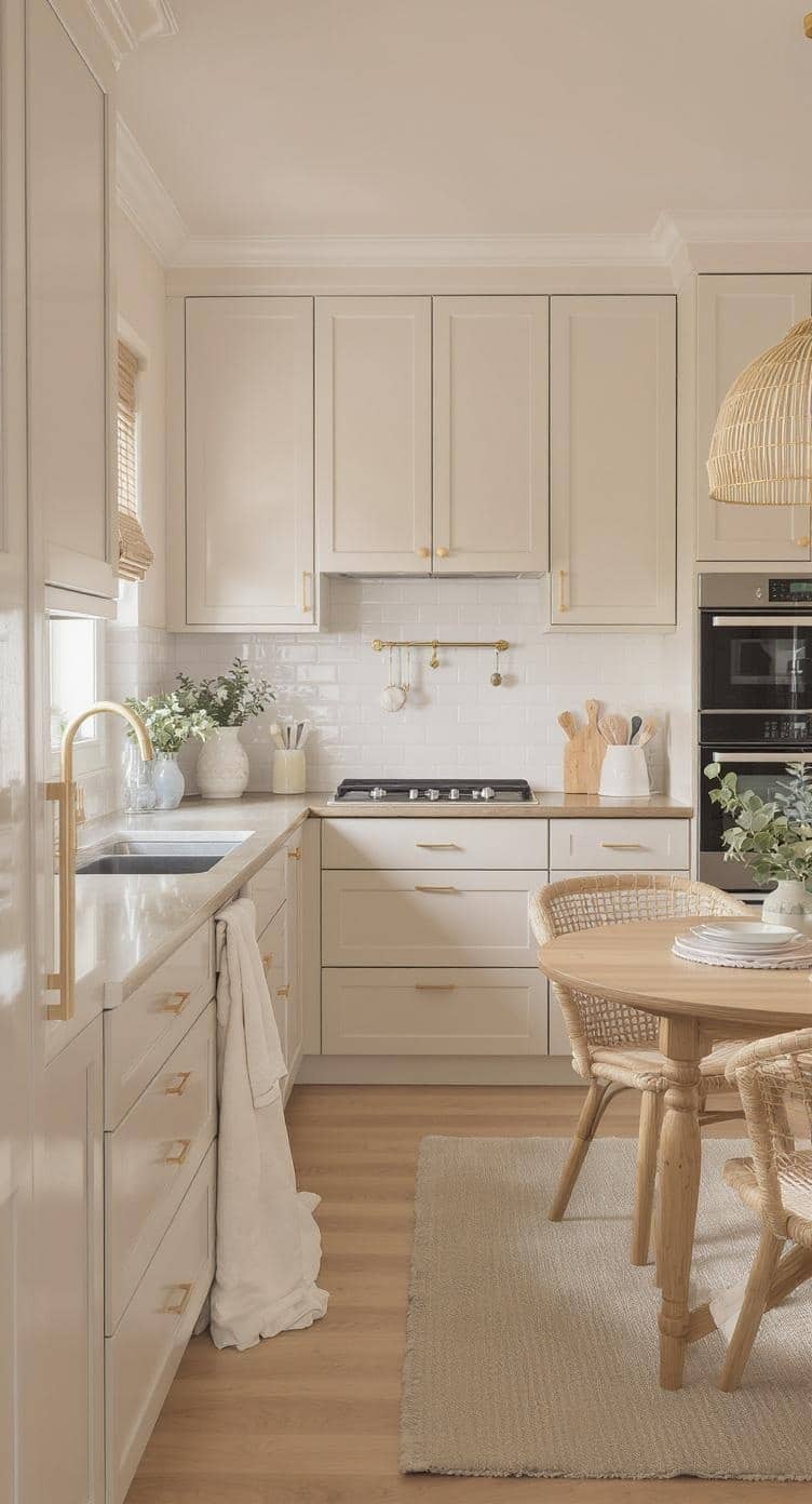 A warm greige kitchen with natural wood accents, featuring cabinets, a wooden dining table, and gold hardware.