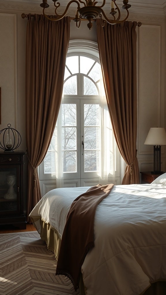A cozy bedroom with muted brown curtains framing a window, soft light filtering through, and a neatly made bed.