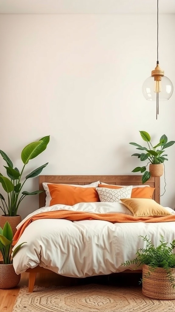 A cozy bedroom featuring orange decor with plants and a wooden bed frame.