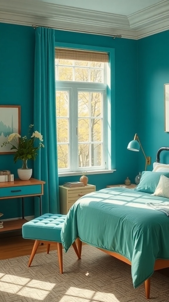 Aqua blue bedroom with matching curtains and bedding, featuring wooden furniture and natural light.