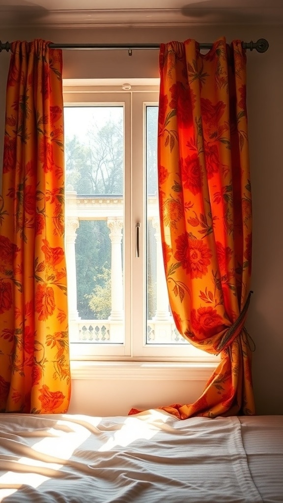 Bright orange floral curtains hanging by a window, letting in warm sunlight.