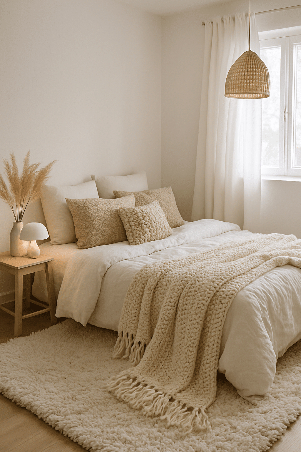 A cozy white bedroom featuring soft textured layers with a chunky knit blanket, various pillows, and natural decor.