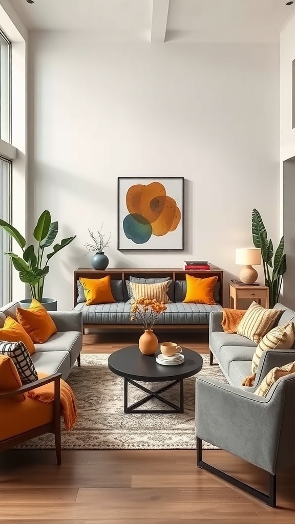 Modern living room featuring gray sofas with orange cushions, a black coffee table, and plants, illuminated by natural light.