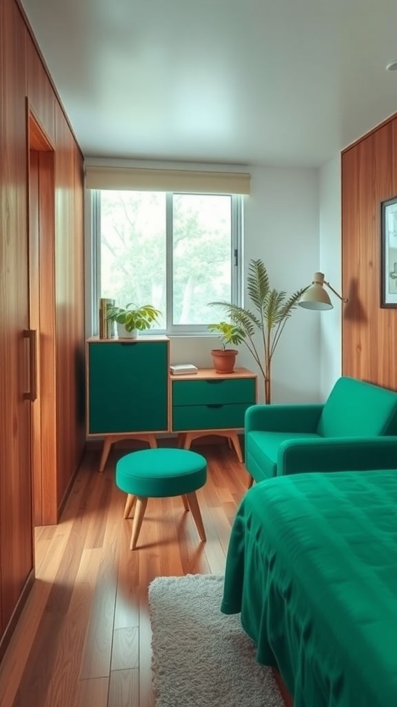A mid-century bedroom featuring green furniture and wood accents, with a cozy atmosphere.