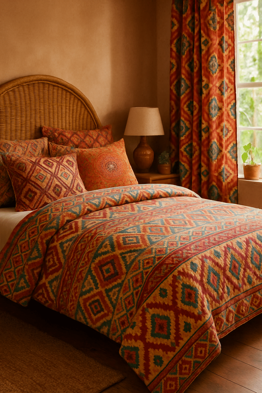 A boho bedroom featuring a colorful patterned quilt and matching pillows, with a woven headboard and curtains.