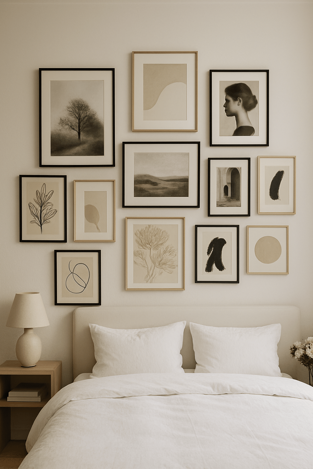 A gallery wall with various framed artworks above a white bed in a bright bedroom.
