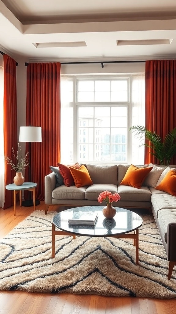 A cozy living room featuring burnt sienna colors with textured fabrics, including orange curtains, a plush sofa, and a shaggy area rug.