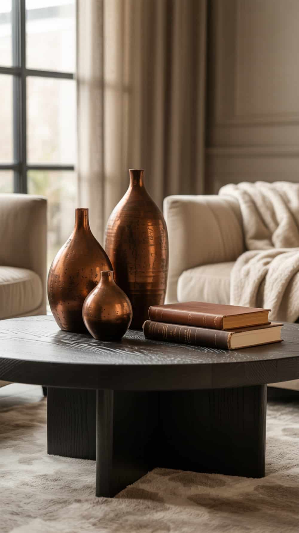 A cozy living room featuring burnt sienna accessories, including vases and a throw blanket, with a colorful artwork on the wall.