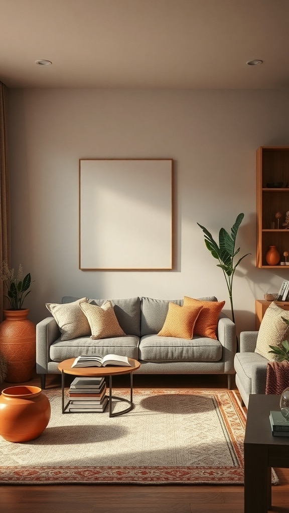Cozy living room nook with gray sofa, terracotta pillows, and decorative pots