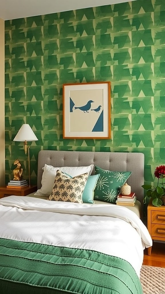 A mid-century bedroom featuring green geometric patterned wallpaper, wooden furniture, and a cozy bed.