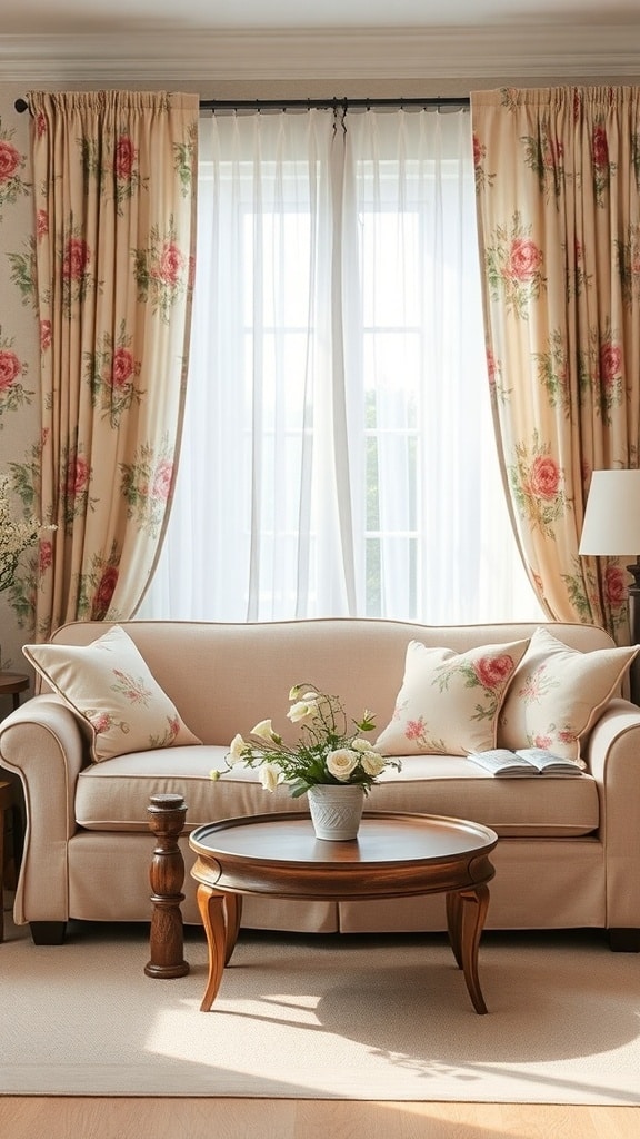 A cozy living room with blush tones, featuring floral patterned curtains and cushions, a light sofa, and a wooden coffee table with flowers.
