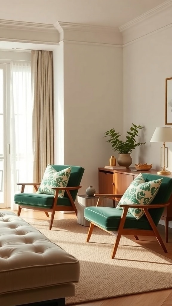Two green velvet chairs with wooden frames in a bright room