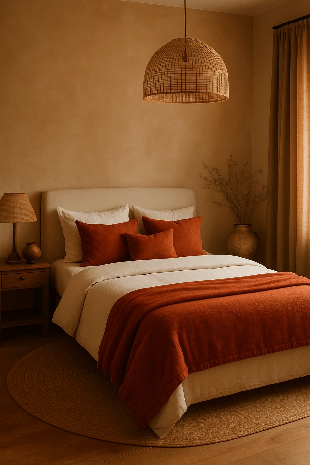 A cozy bedroom featuring burnt sienna accents with a neutral backdrop, showcasing a bed with pillows and a throw, natural decor elements, and warm lighting.