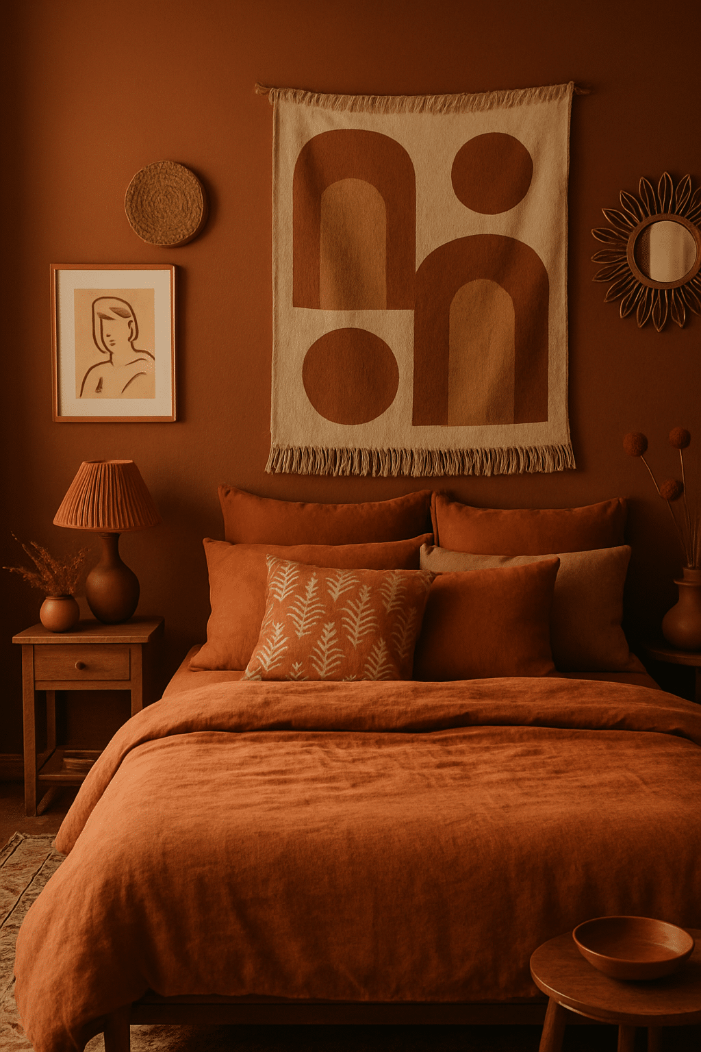 A cozy bedroom featuring burnt sienna walls, layered bedding, and personalized decor elements.