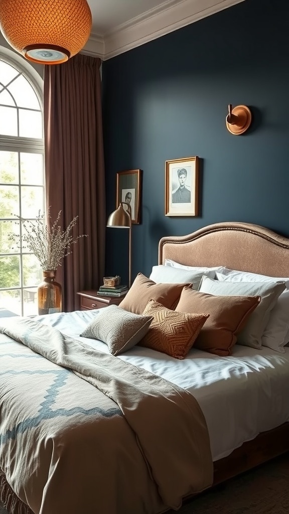 A stylish bedroom featuring indigo walls and copper accents, with a cozy bed and decorative pillows.