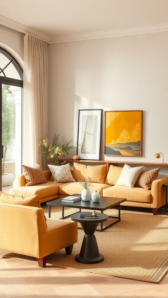 A cozy living room featuring earthy ochre yellow furniture, neutral walls, and a black coffee table.