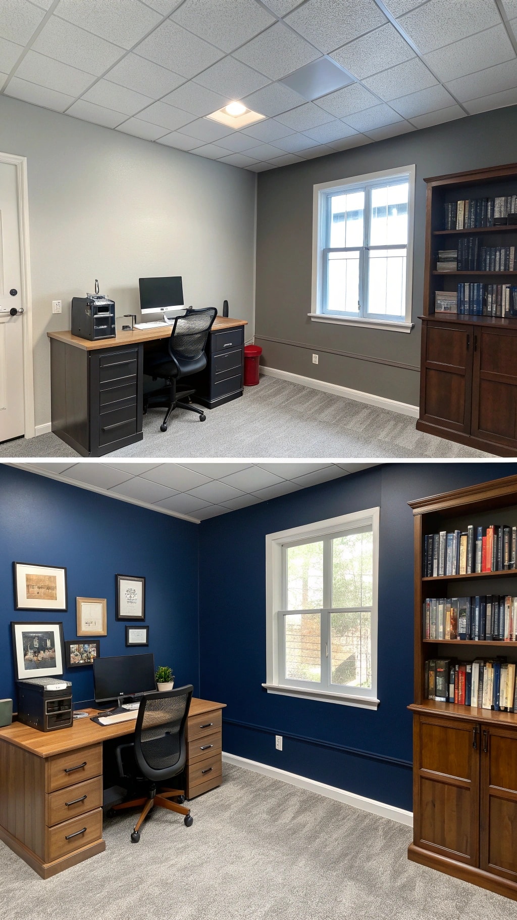 Before and after image of an office with a navy blue accent wall.