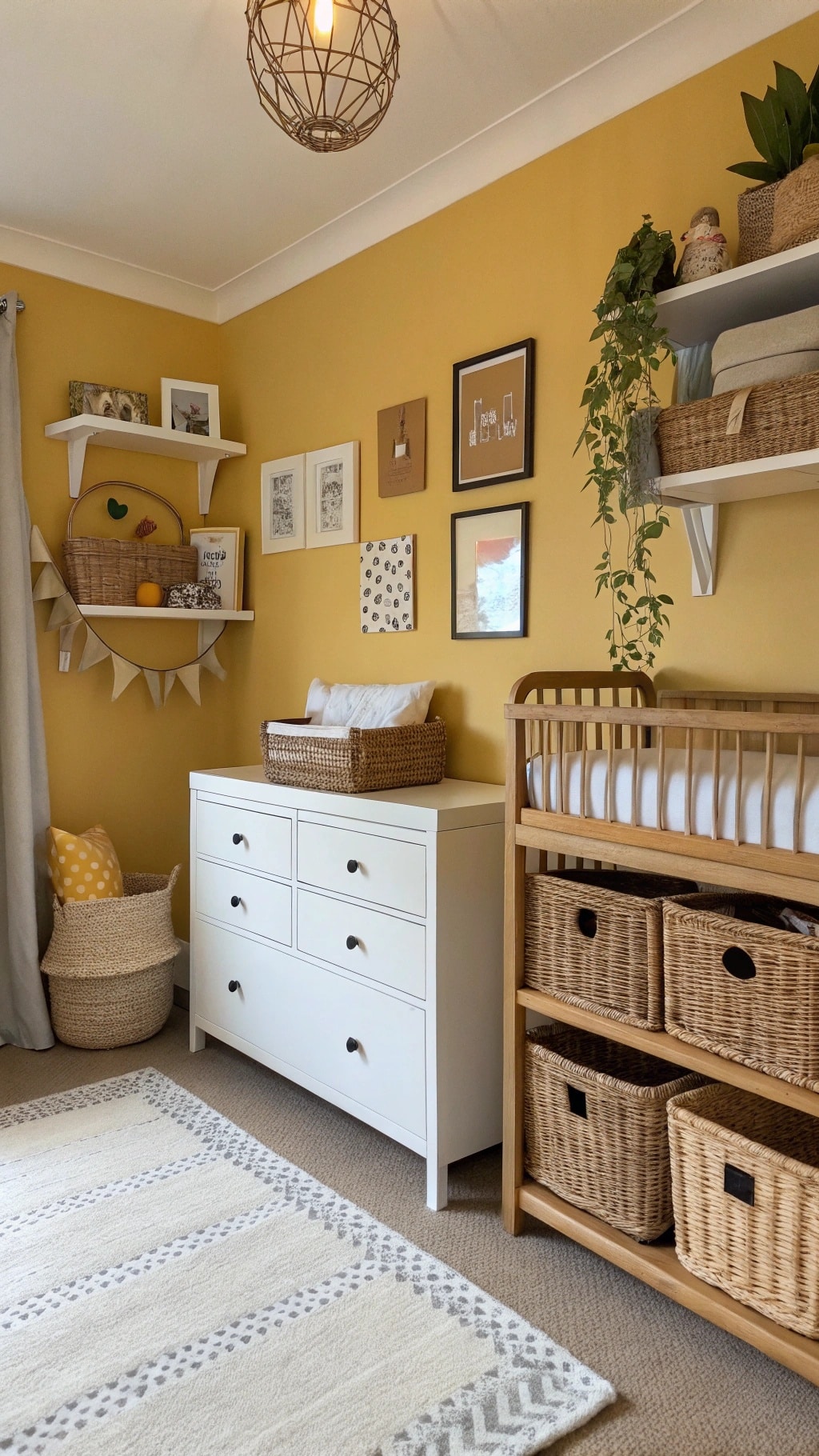 A mustard yellow nursery featuring a white dresser, wooden changing table, and woven baskets for storage.