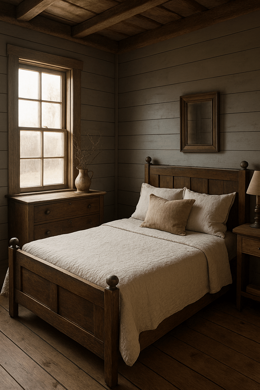 A rustic gray farmhouse bedroom featuring wooden furniture, a gray wall, and natural light.