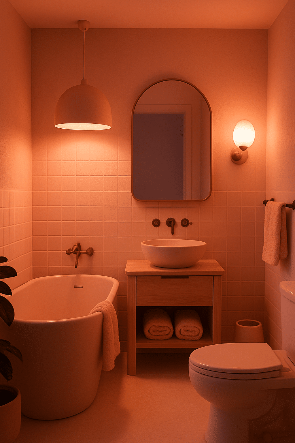 A cozy blush pink bathroom featuring soft lighting from pendant and wall sconces.