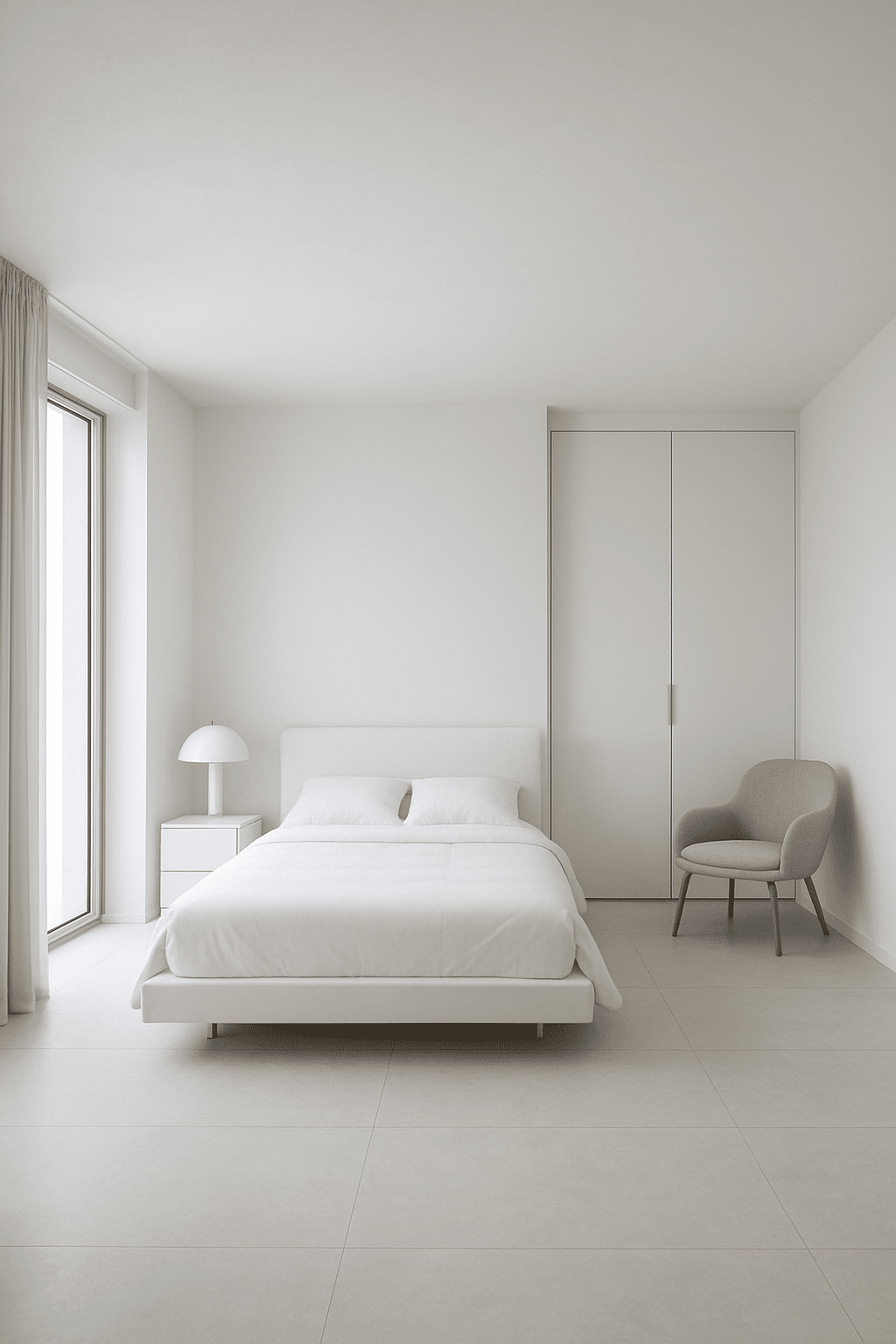 A sleek modern minimalist white bedroom featuring a bed, nightstand, lamp, and a chair by the window.