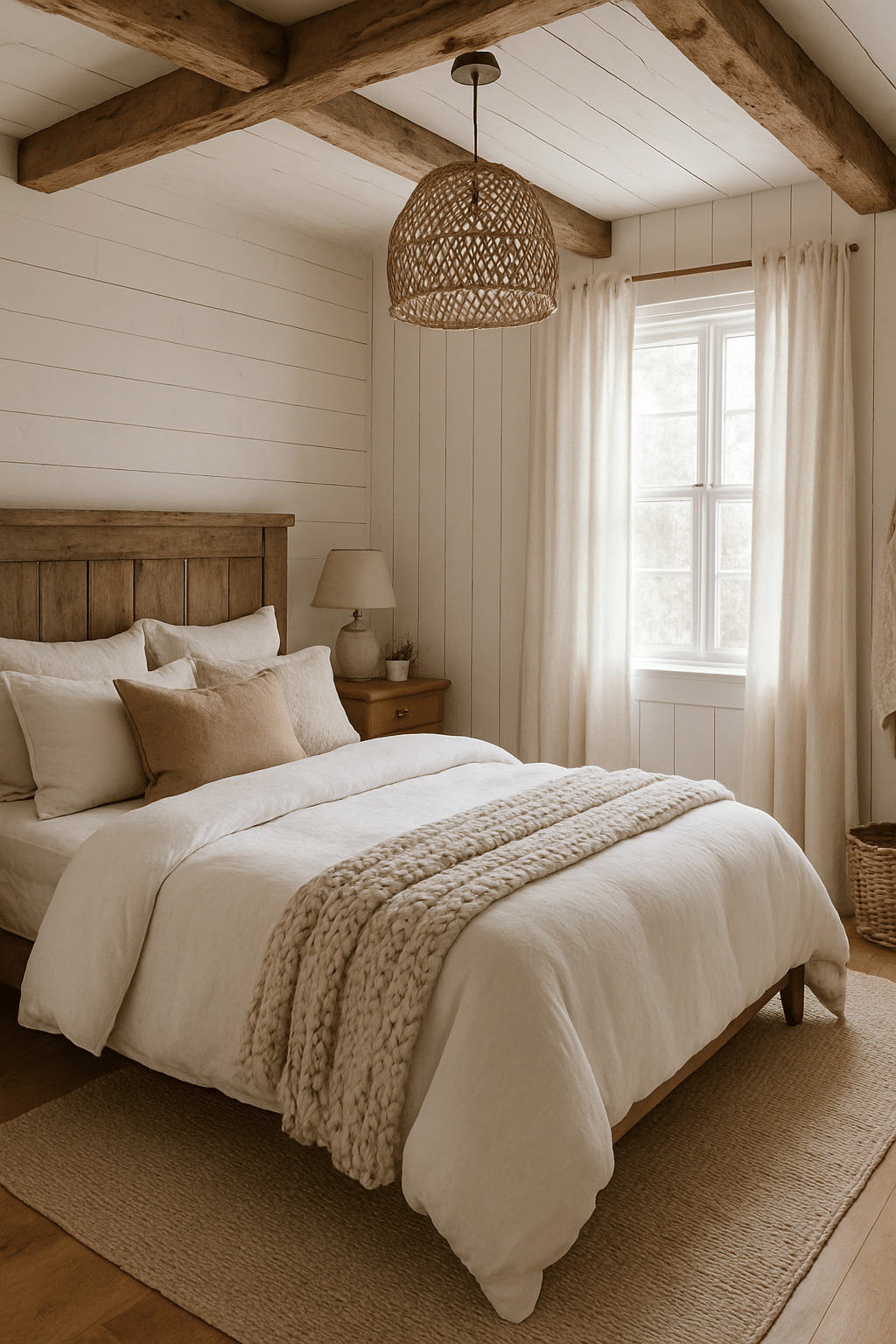 Cozy bedroom with wooden beams, white walls, and soft linens