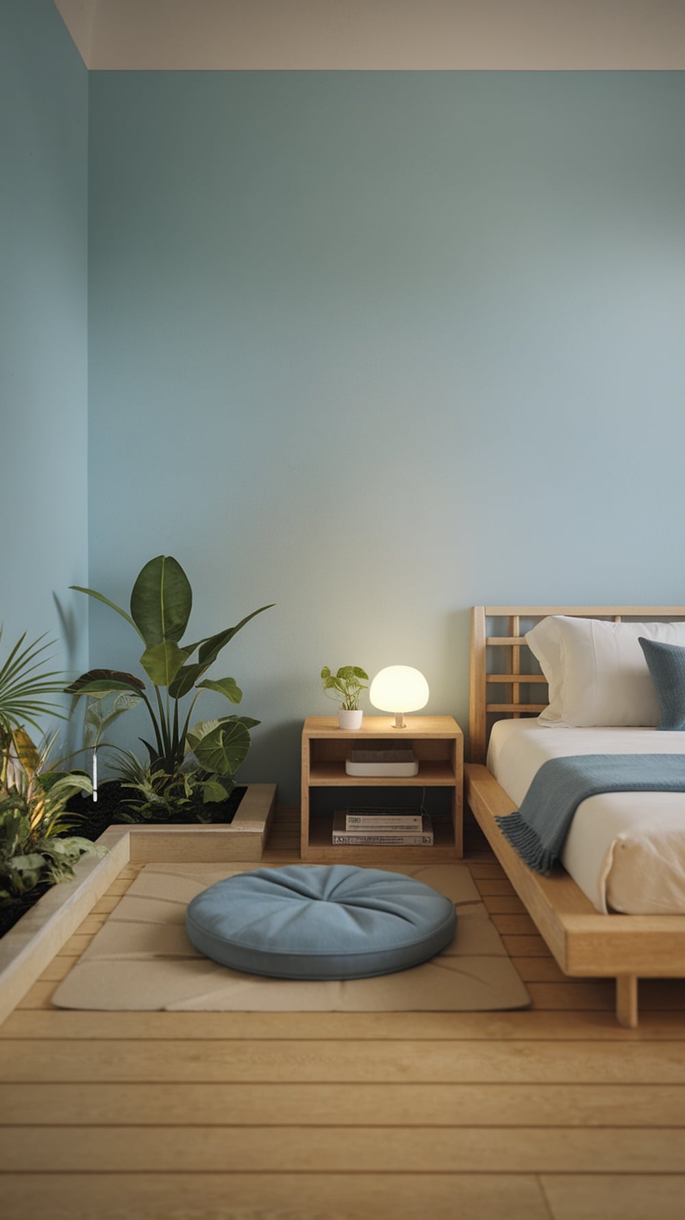 A serene light blue bedroom featuring a cozy bed, natural light, and plants.