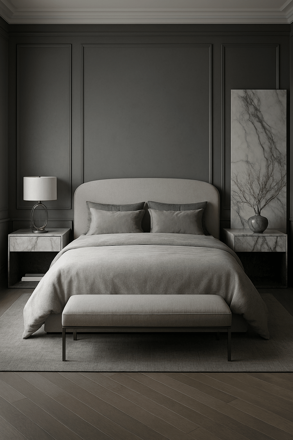 A modern gray bedroom featuring a plush bed, marble accents, and elegant decor.