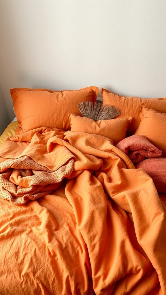 A cozy bed with layered orange textiles including pillows and blankets.