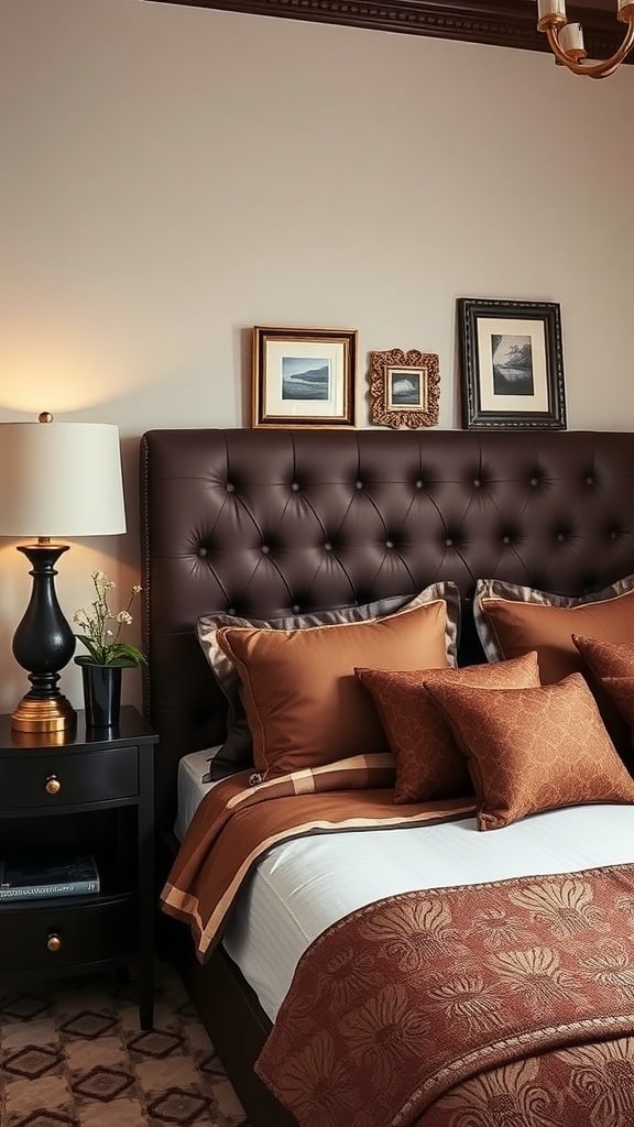 A cozy bedroom featuring a chocolate tufted headboard, gold decorative accents, and layered brown pillows.