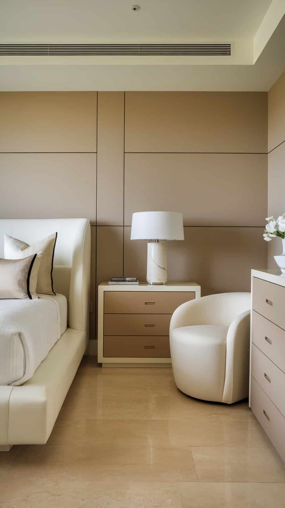 A contemporary beige and white bedroom featuring a low-profile bed, minimalist furniture, and glossy floor tiles.