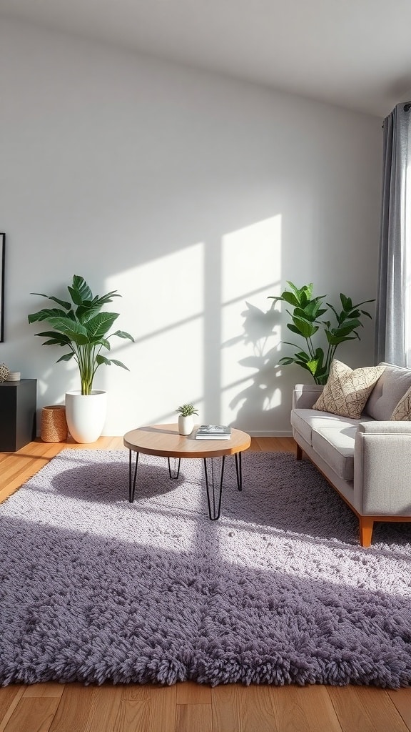 A cozy living room featuring a textured lavender rug, round coffee table, and plants in bright natural light.