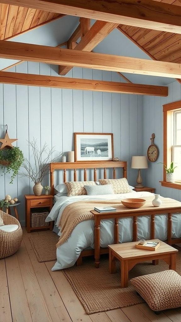 A serene light blue bedroom with rustic farmhouse elements, featuring wooden beams, natural wood furniture, and cozy textiles.