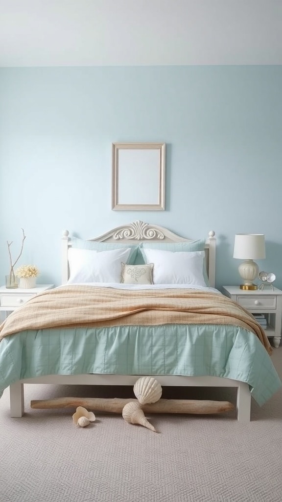 A serene light blue bedroom with a coastal theme, featuring a bed with soft linens, white furniture, and seashell decorations.